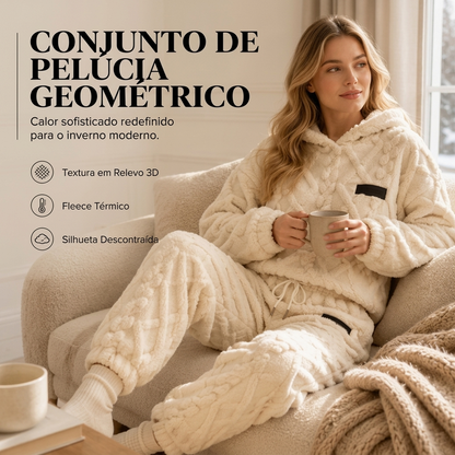 💖 Conforto Premium✨ Conjunto de Pelúcia Geométrica em Relevo – Conjunto de pelúcia em relevo quente, moderno e aconchegante para dias frios🍂👚