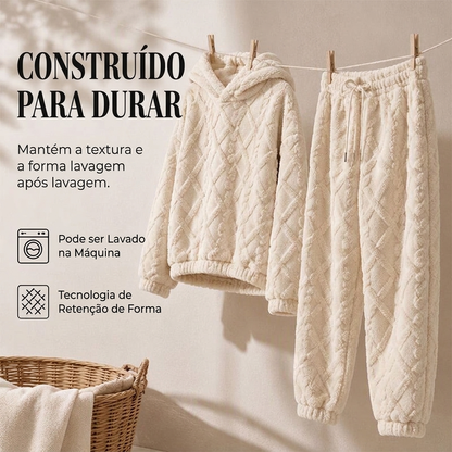 💖 Conforto Premium✨ Conjunto de Pelúcia Geométrica em Relevo – Conjunto de pelúcia em relevo quente, moderno e aconchegante para dias frios🍂👚