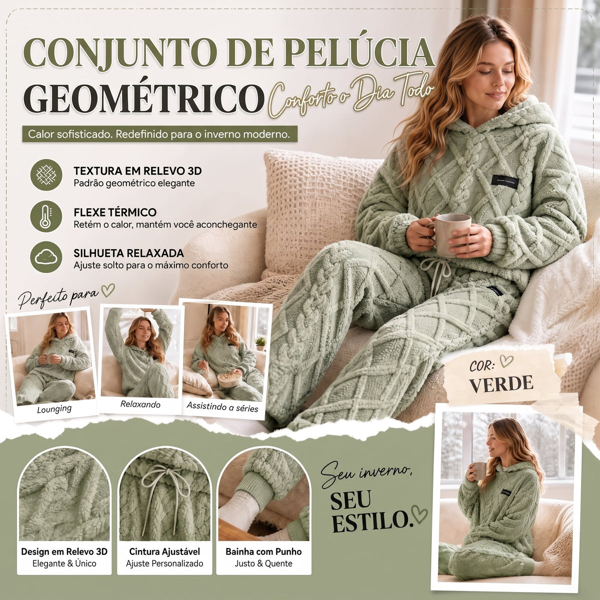 💖 Conforto Premium✨ Conjunto de Pelúcia Geométrica em Relevo – Conjunto de pelúcia em relevo quente, moderno e aconchegante para dias frios🍂👚