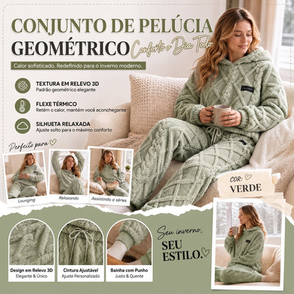 💖 Conforto Premium✨ Conjunto de Pelúcia Geométrica em Relevo – Conjunto de pelúcia em relevo quente, moderno e aconchegante para dias frios🍂👚