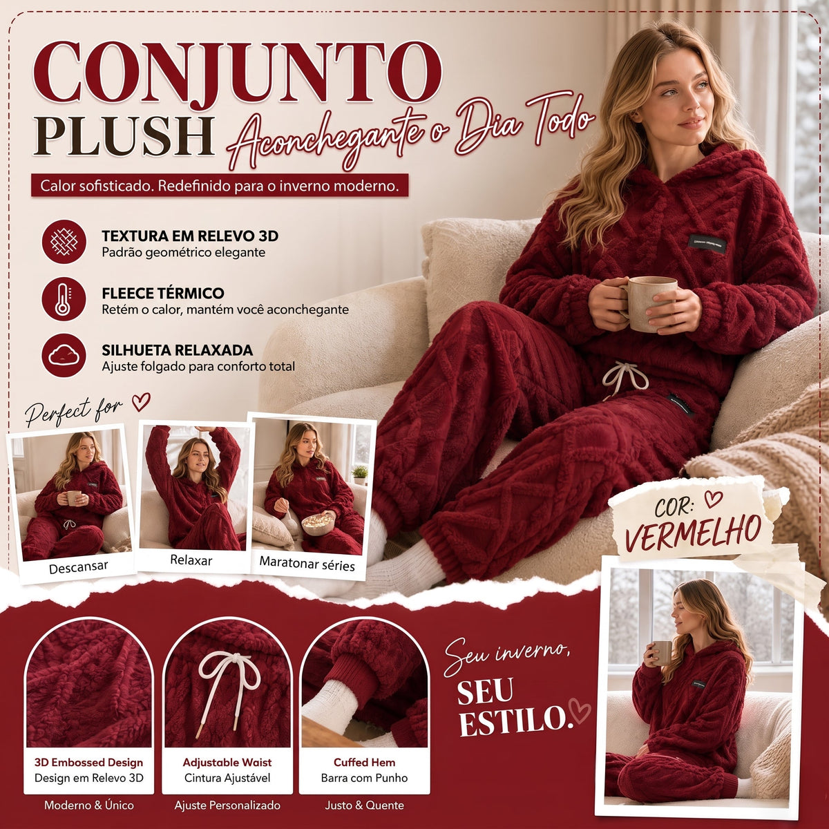 💖 Conforto Premium✨ Conjunto de Pelúcia Geométrica em Relevo – Conjunto de pelúcia em relevo quente, moderno e aconchegante para dias frios🍂👚