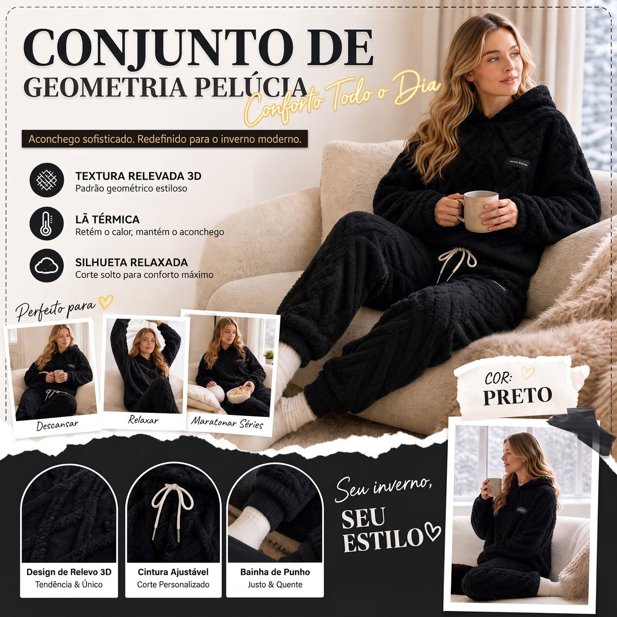 💖 Conforto Premium✨ Conjunto de Pelúcia Geométrica em Relevo – Conjunto de pelúcia em relevo quente, moderno e aconchegante para dias frios🍂👚