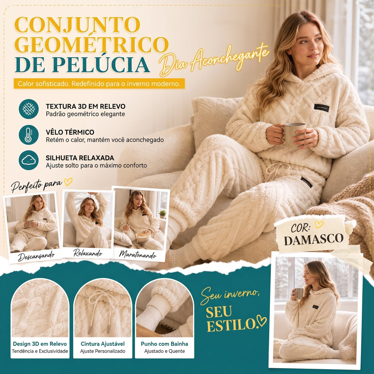 💖 Conforto Premium✨ Conjunto de Pelúcia Geométrica em Relevo – Conjunto de pelúcia em relevo quente, moderno e aconchegante para dias frios🍂👚