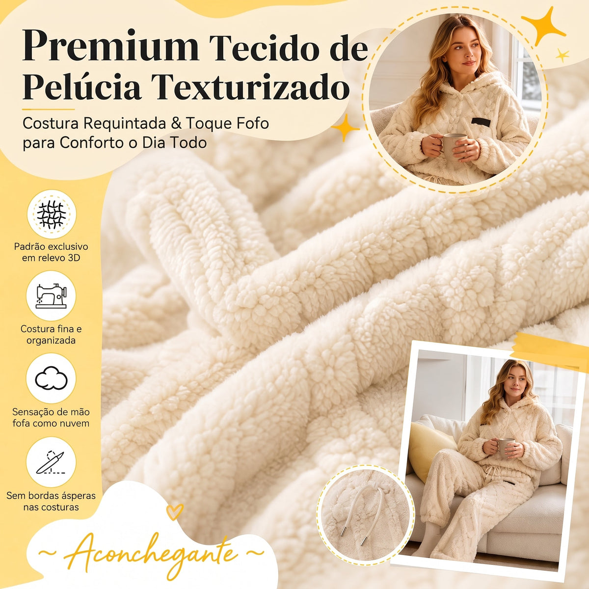 💖 Conforto Premium✨ Conjunto de Pelúcia Geométrica em Relevo – Conjunto de pelúcia em relevo quente, moderno e aconchegante para dias frios🍂👚