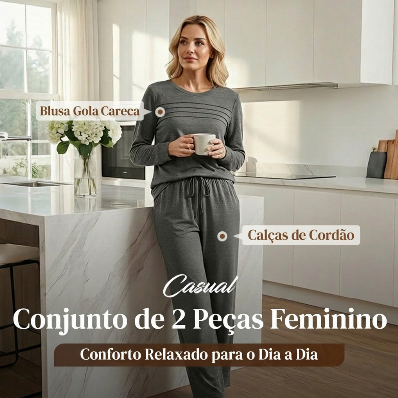 🔥 Conjunto Feminino Blusa Gola Redonda e Calça com Cordão ✨🔥🎅Promoção de Natal Quente✨🎁55% DE DESCONTO!!!⚡