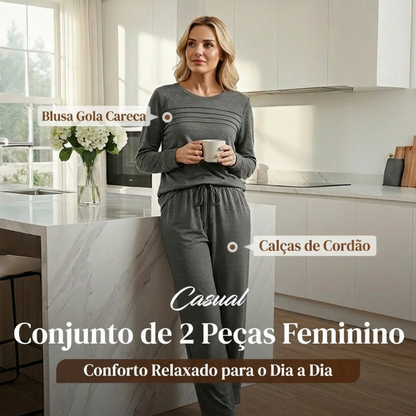 🔥 Conjunto Feminino Blusa Gola Redonda e Calça com Cordão ✨🔥🎅Promoção de Natal Quente✨🎁55% DE DESCONTO!!!⚡