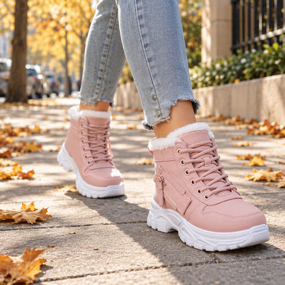 Botas femininas de cano curto com forro de pelúcia quente para inverno