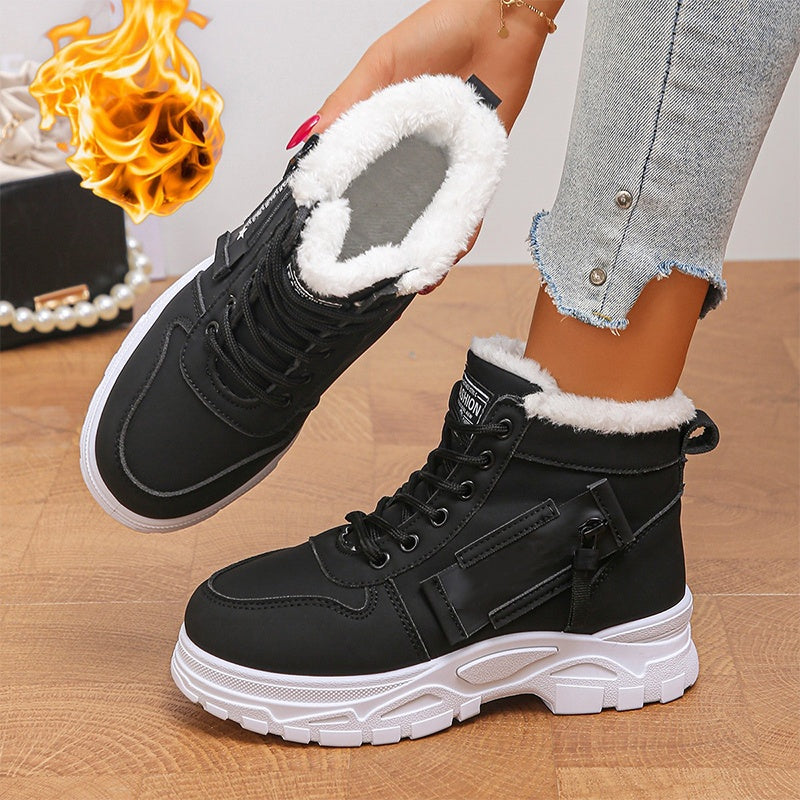 Botas femininas de cano curto com forro de pelúcia quente para inverno