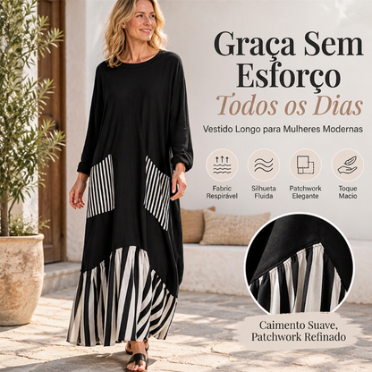 Vestido longo feminino de mangas compridas com listras e emendas