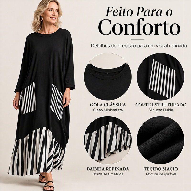 Vestido longo feminino de mangas compridas com listras e emendas