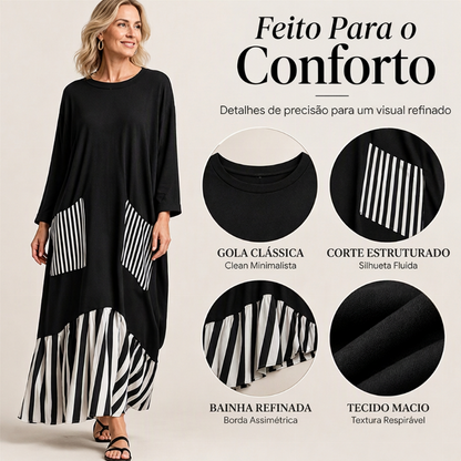 Vestido longo feminino de mangas compridas com listras e emendas