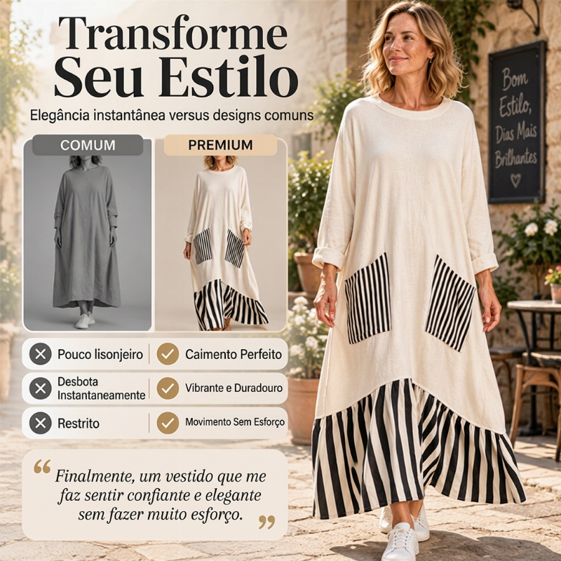 Vestido longo feminino de mangas compridas com listras e emendas