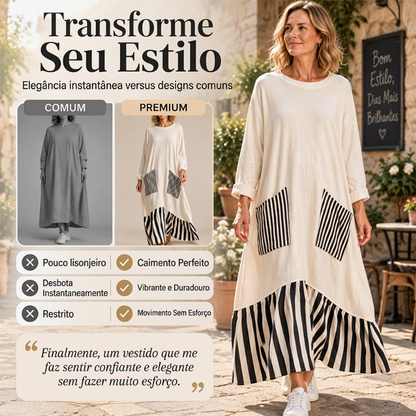 Vestido longo feminino de mangas compridas com listras e emendas