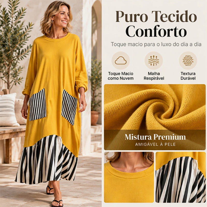 Vestido longo feminino de mangas compridas com listras e emendas