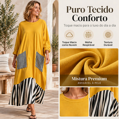 Vestido longo feminino de mangas compridas com listras e emendas