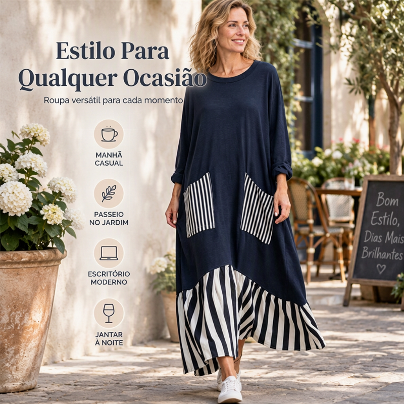 Vestido longo feminino de mangas compridas com listras e emendas