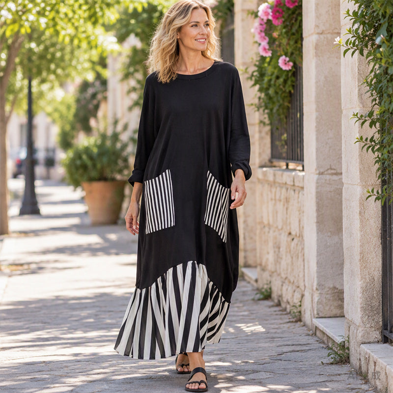 Vestido longo feminino de mangas compridas com listras e emendas