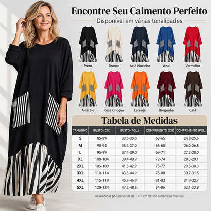 Vestido longo feminino de mangas compridas com listras e emendas
