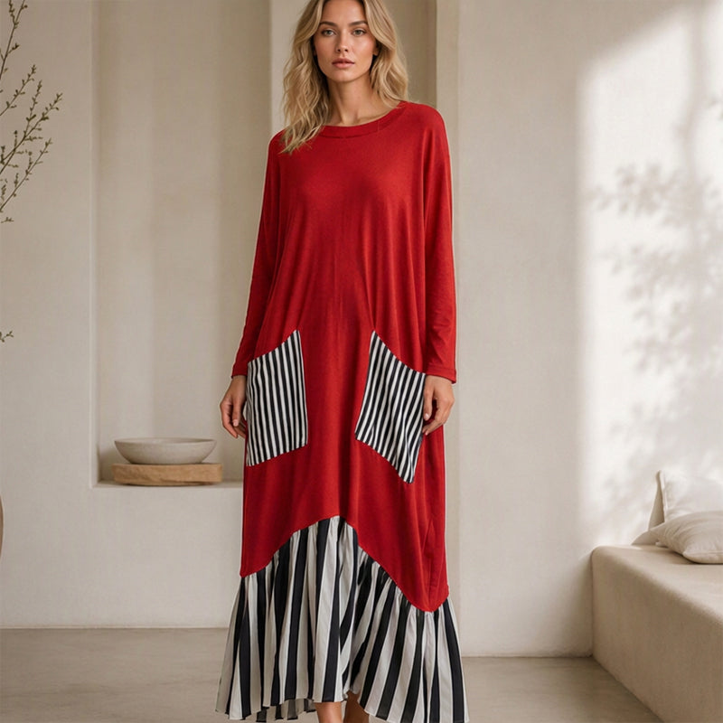 Vestido longo feminino de mangas compridas com listras e emendas