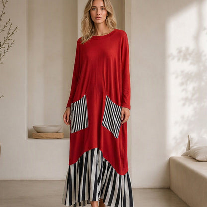 Vestido longo feminino de mangas compridas com listras e emendas