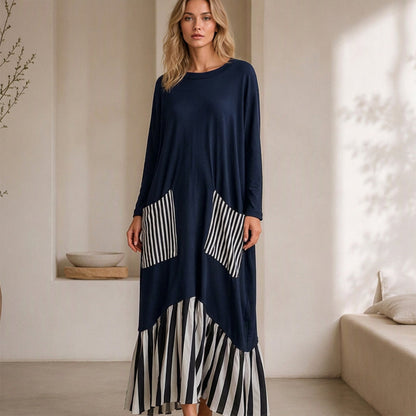 Vestido longo feminino de mangas compridas com listras e emendas