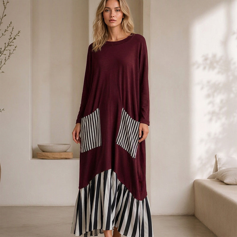 Vestido longo feminino de mangas compridas com listras e emendas