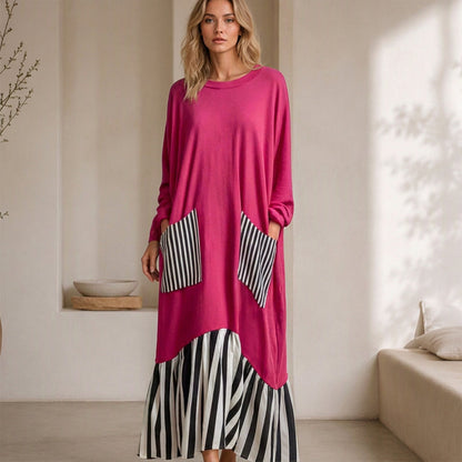 Vestido longo feminino de mangas compridas com listras e emendas