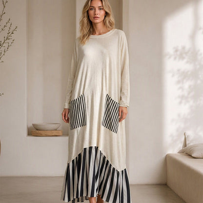 Vestido longo feminino de mangas compridas com listras e emendas