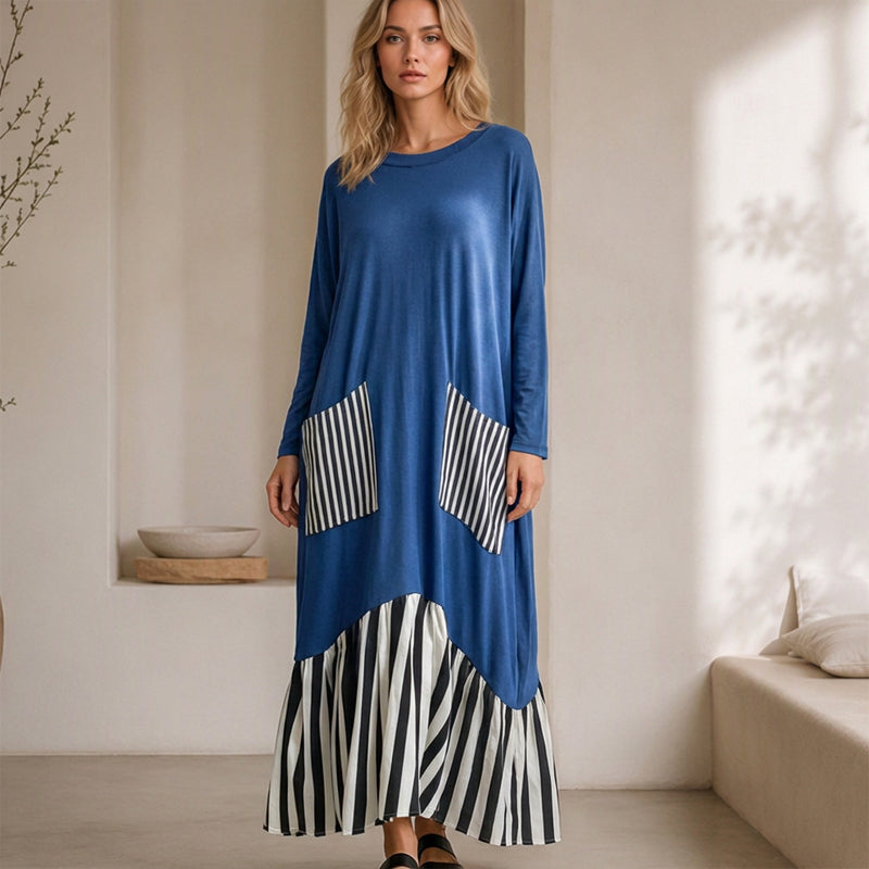 Vestido longo feminino de mangas compridas com listras e emendas