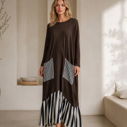 Vestido longo feminino de mangas compridas com listras e emendas