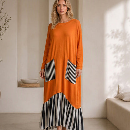 Vestido longo feminino de mangas compridas com listras e emendas