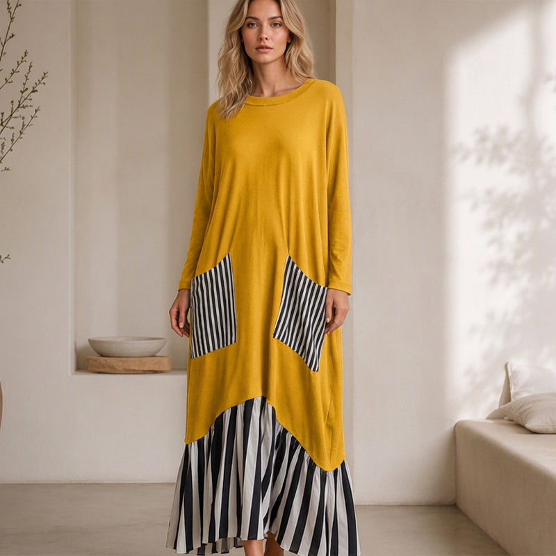 Vestido longo feminino de mangas compridas com listras e emendas