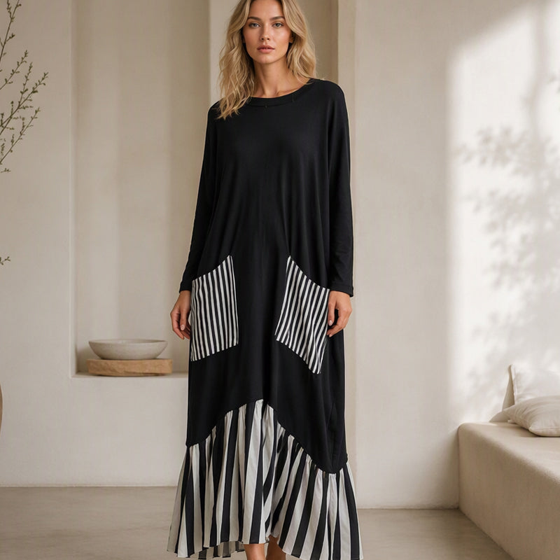 Vestido longo feminino de mangas compridas com listras e emendas