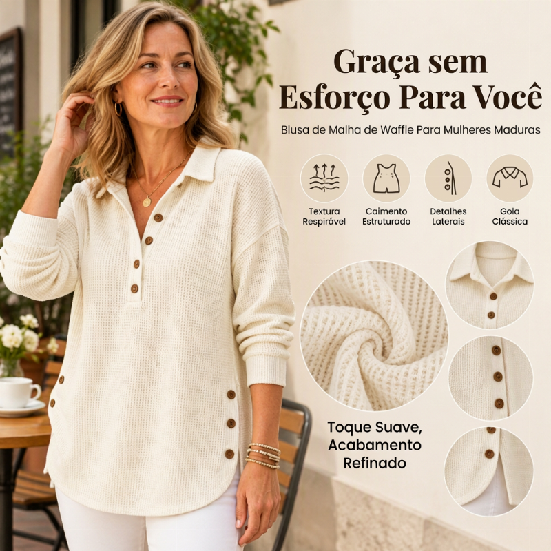 Blusa de Malha Waffle de Manga Comprida para Mulher