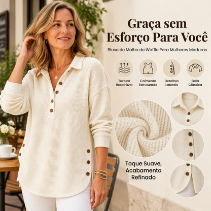 Blusa de Malha Waffle de Manga Comprida para Mulher