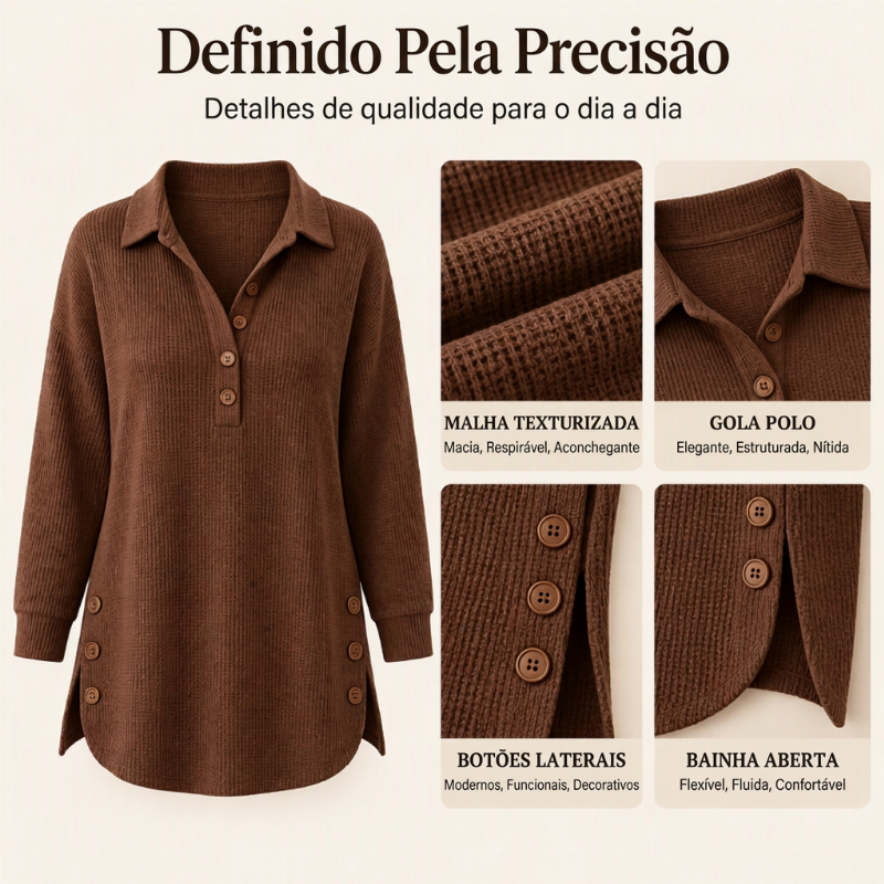 Blusa de Malha Waffle de Manga Comprida para Mulher