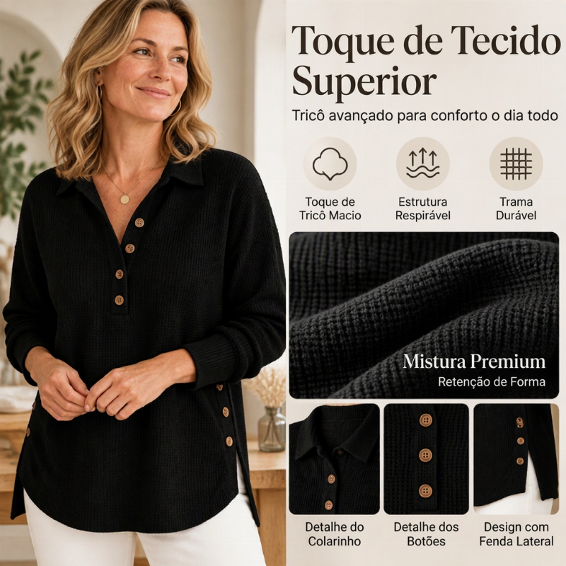 Blusa de Malha Waffle de Manga Comprida para Mulher