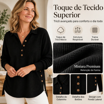 Blusa de Malha Waffle de Manga Comprida para Mulher