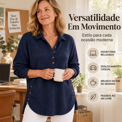 Blusa de Malha Waffle de Manga Comprida para Mulher