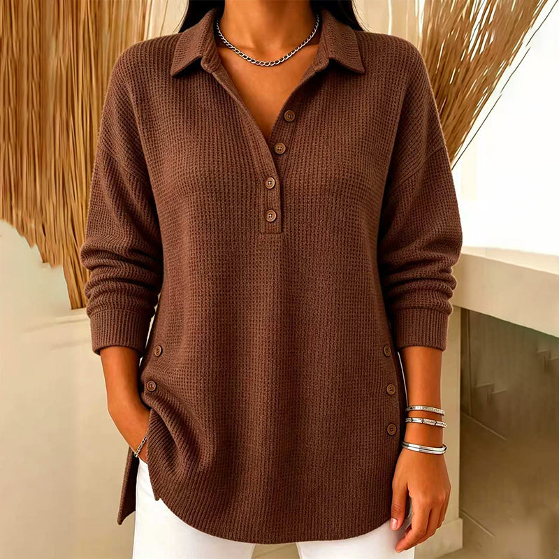 Blusa de Malha Waffle de Manga Comprida para Mulher
