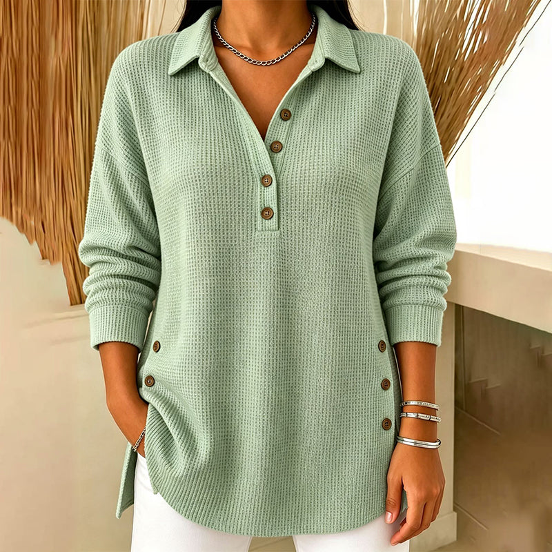Blusa de Malha Waffle de Manga Comprida para Mulher