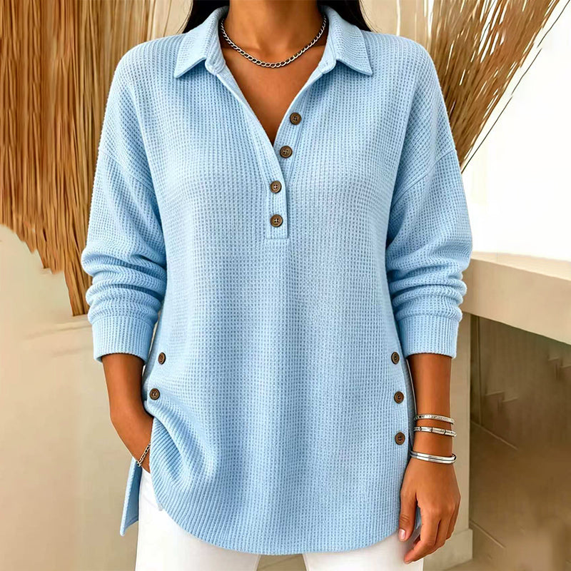 Blusa de Malha Waffle de Manga Comprida para Mulher
