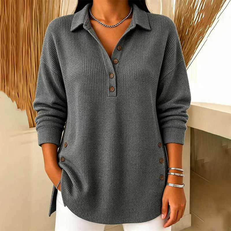 Blusa de Malha Waffle de Manga Comprida para Mulher