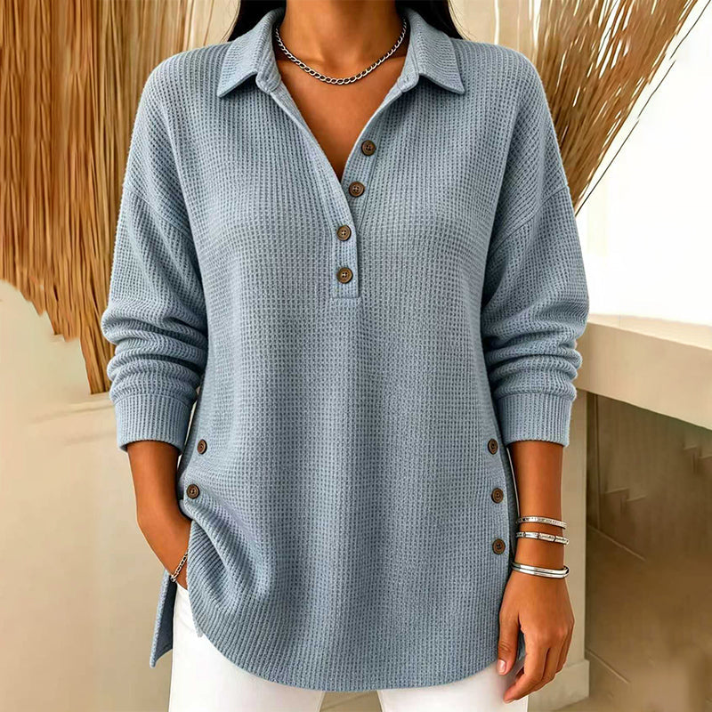 Blusa de Malha Waffle de Manga Comprida para Mulher