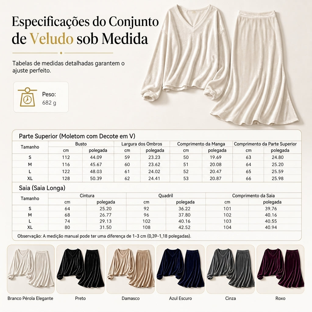 Conjunto feminino de veludo de cor sólida de duas peças com blusa de moletom de gola V profunda e saia midi evasê