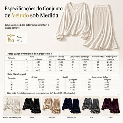 Conjunto feminino de veludo de cor sólida de duas peças com blusa de moletom de gola V profunda e saia midi evasê