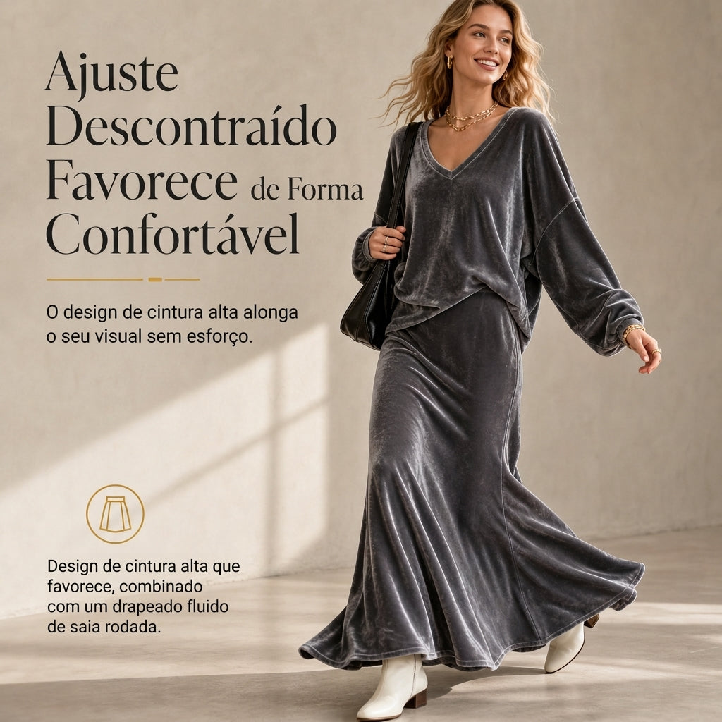 Conjunto feminino de veludo de cor sólida de duas peças com blusa de moletom de gola V profunda e saia midi evasê