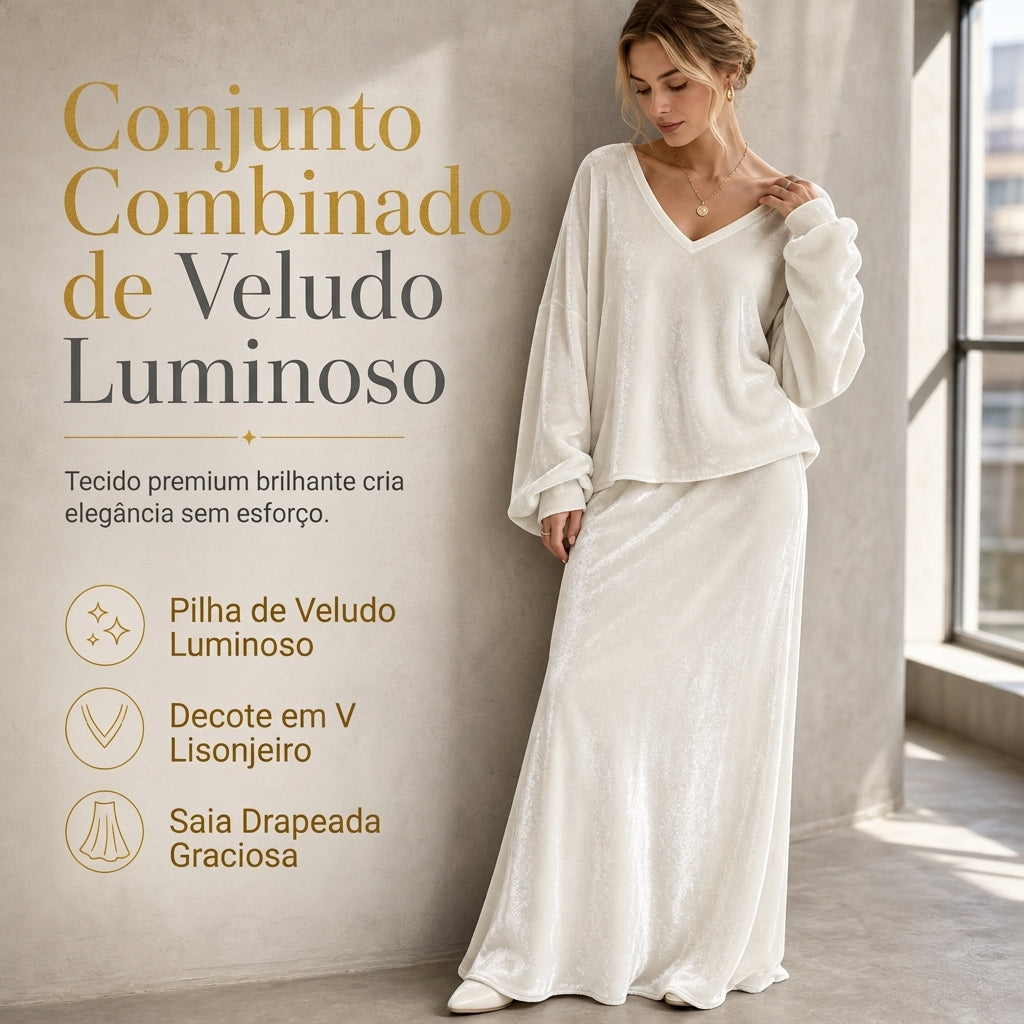 Conjunto feminino de veludo de cor sólida de duas peças com blusa de moletom de gola V profunda e saia midi evasê