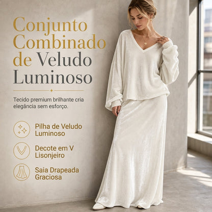 Conjunto feminino de veludo de cor sólida de duas peças com blusa de moletom de gola V profunda e saia midi evasê