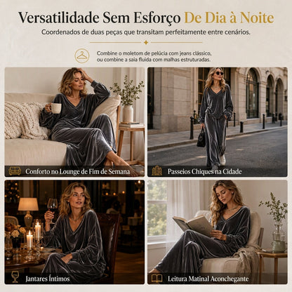 Conjunto feminino de veludo de cor sólida de duas peças com blusa de moletom de gola V profunda e saia midi evasê